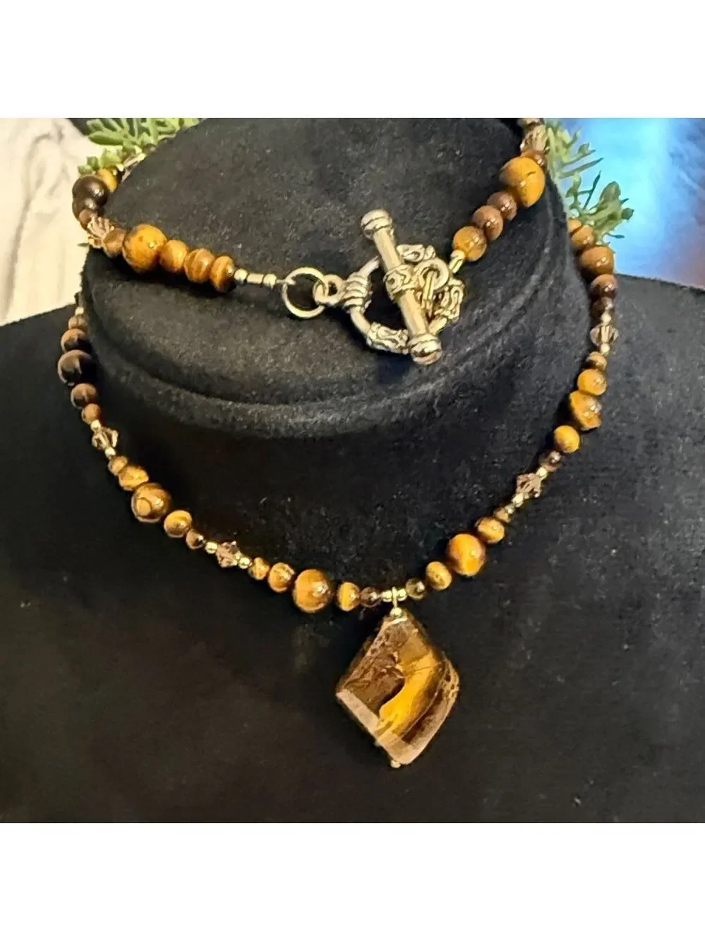 Chic Brown Beaded Necklace with Geometric Pendant | 18” | New